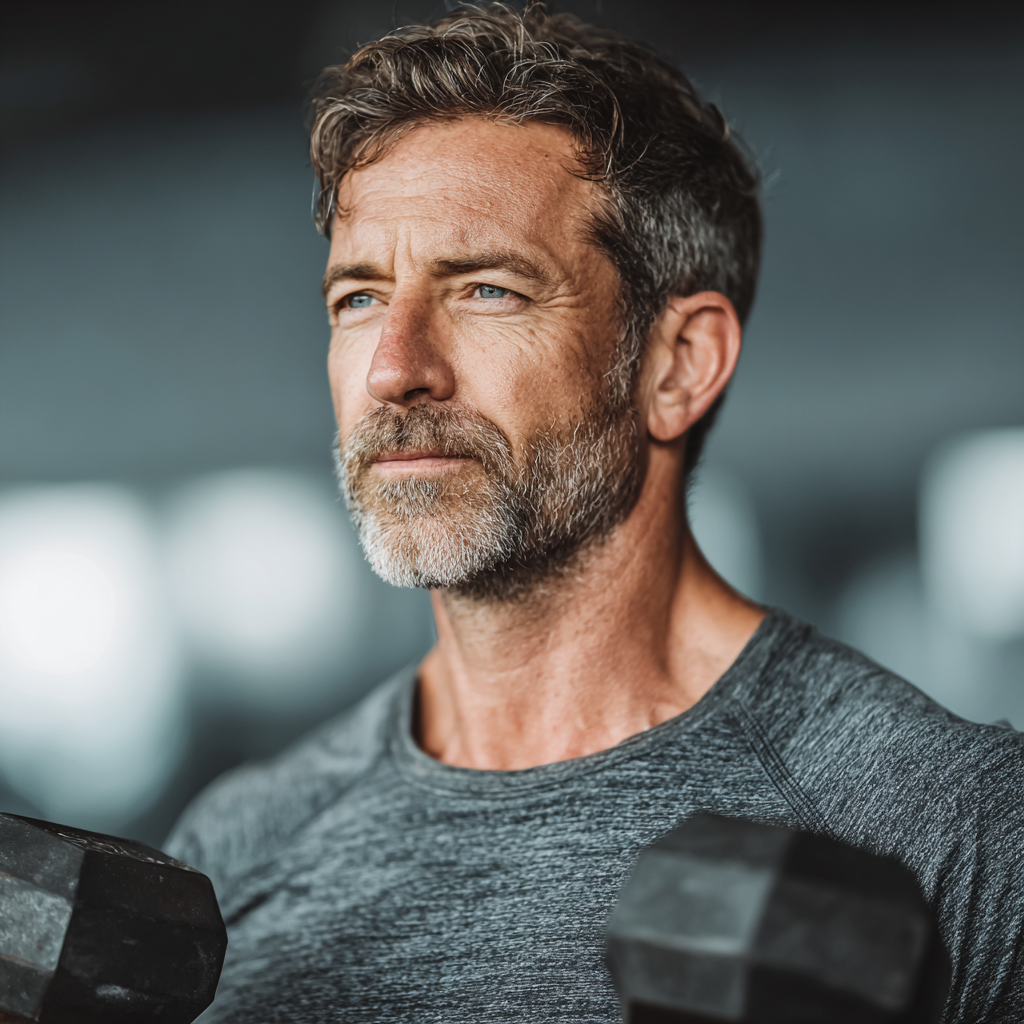 Confident middle-aged man in his 40s doing strength training exercise with dumbbells in modern gym, showing determination and focus during workout