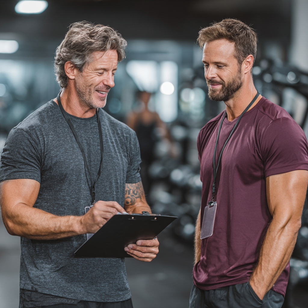 Professional fitness trainer in his 40s consulting with client, showing personalized approach and expertise in adult fitness training